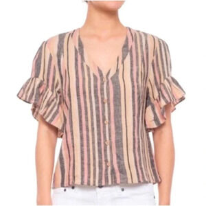 Anthropologie Drew Striped Ruffle Sleeve Linen Blouse Top Size Small